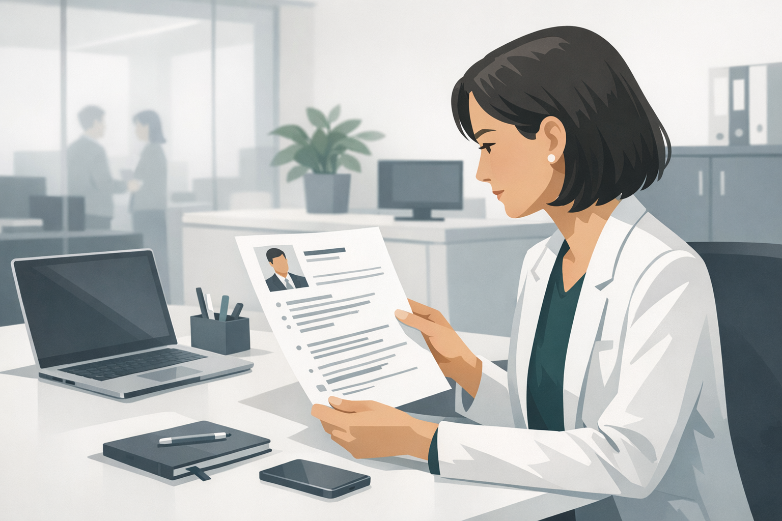 Personaler betrachtet aufmerksam einen ausgedruckten Lebenslauf an ihrem Schreibtisch im Buero