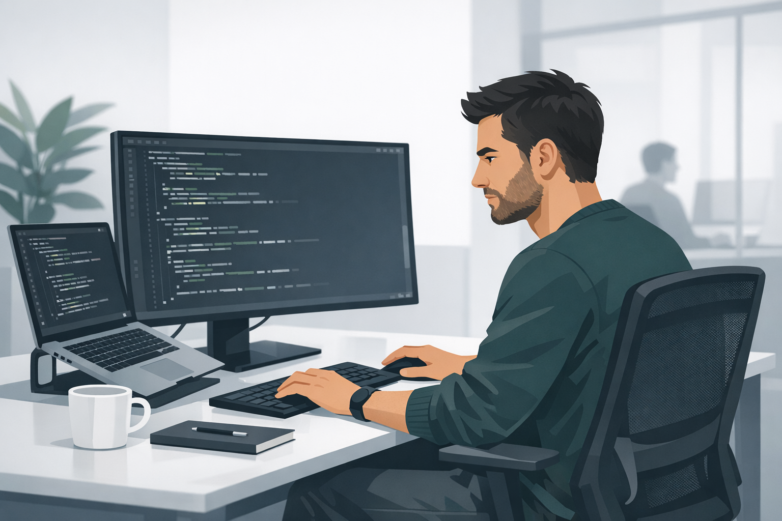 Junger IT-Fachmann im modernen Buero schaut konzentriert auf seinen Bildschirm mit Codezeilen
