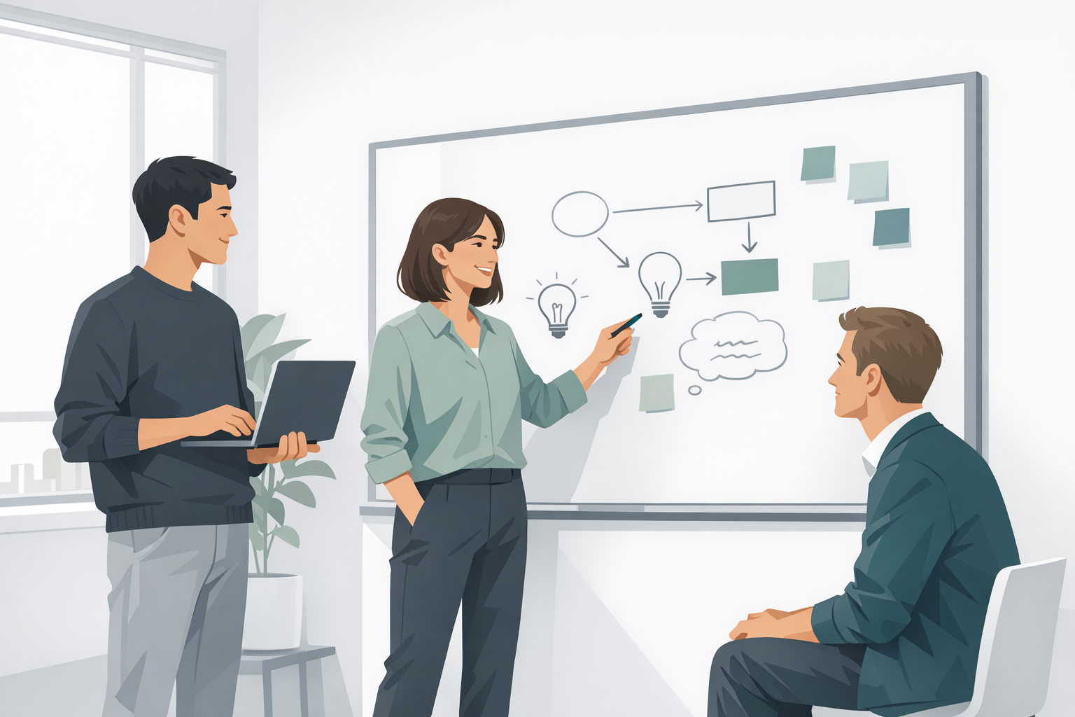 Kreatives Team bespricht Ideen an einem Whiteboard in einem lichtdurchfluteten Agenturbuero