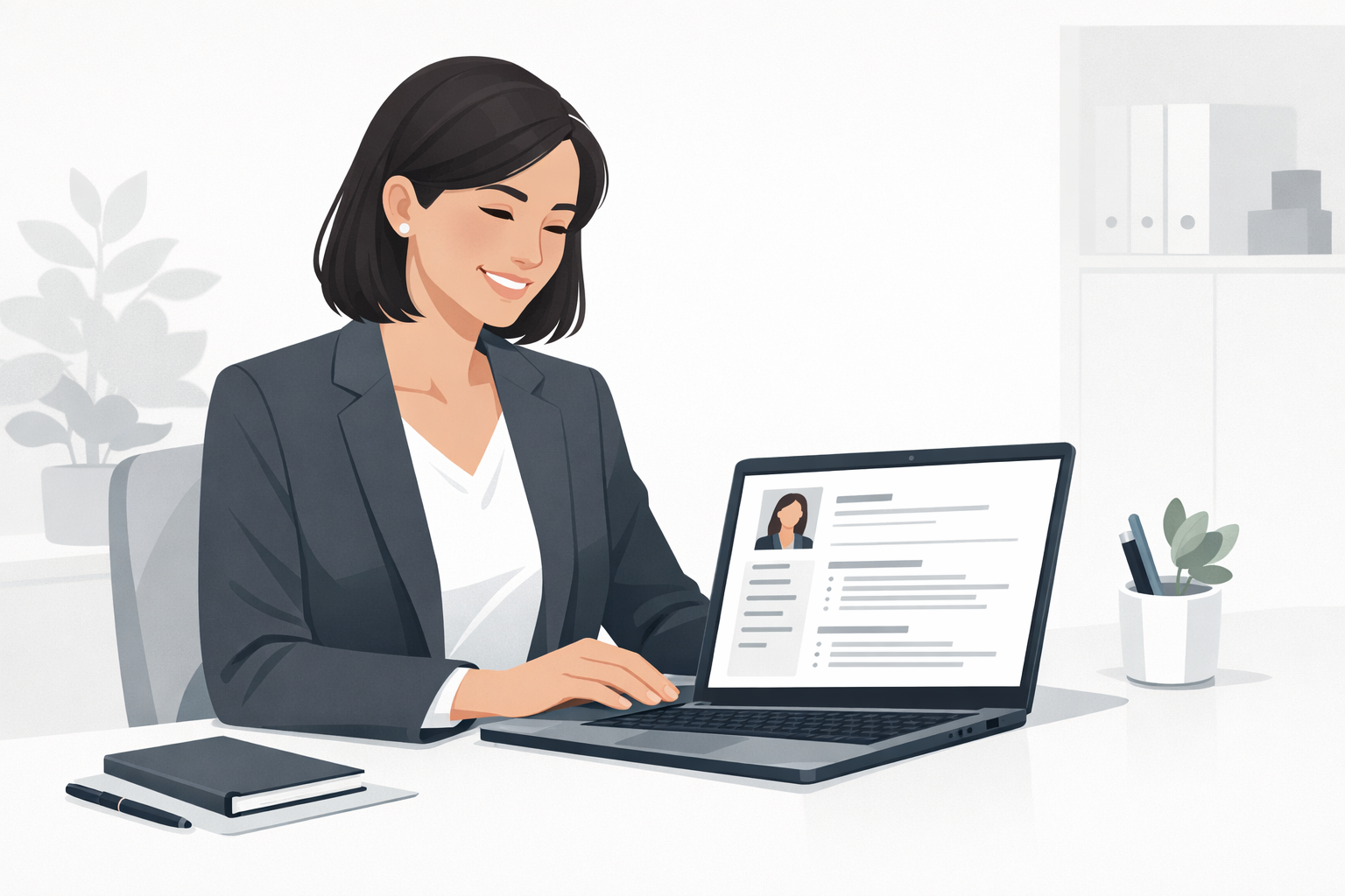 Bewerberin im Business-Outfit laechelt zufrieden beim Betrachten ihres fertigen Lebenslaufs auf dem Laptop