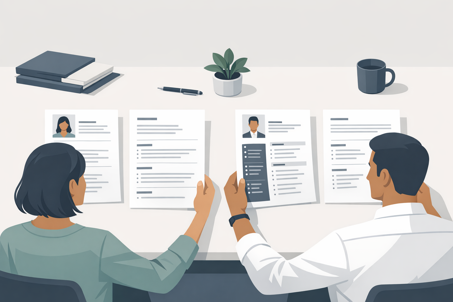 Bewerberin und Bewerber vergleichen verschiedene Lebenslauf-Varianten nebeneinander auf einem Tisch