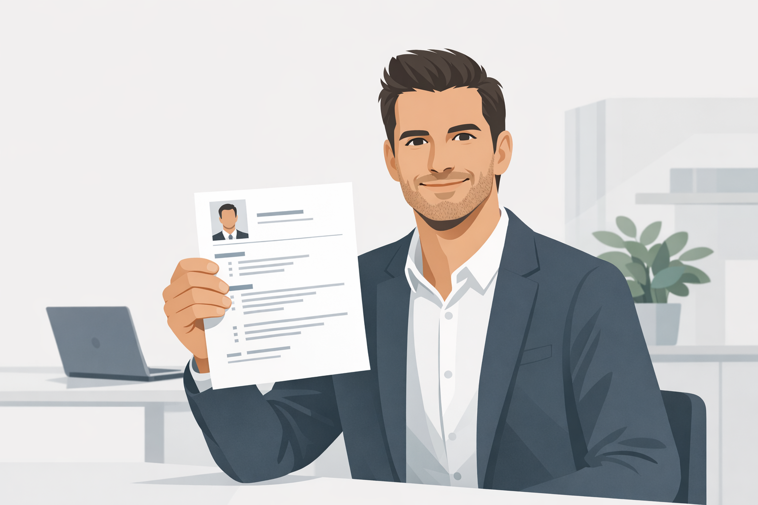 Zufriedener Bewerber haelt ausgedruckten Lebenslauf in der Hand und laechelt selbstbewusst