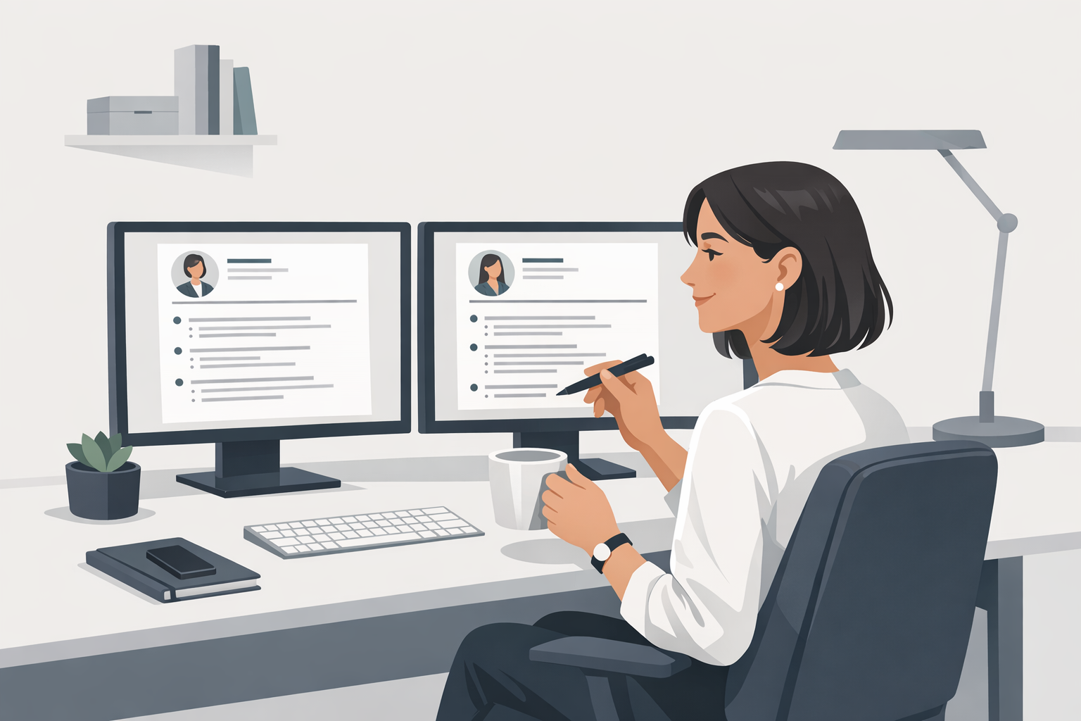 Junge Frau am Schreibtisch vergleicht zufrieden zwei Versionen ihres Lebenslaufs auf dem Bildschirm