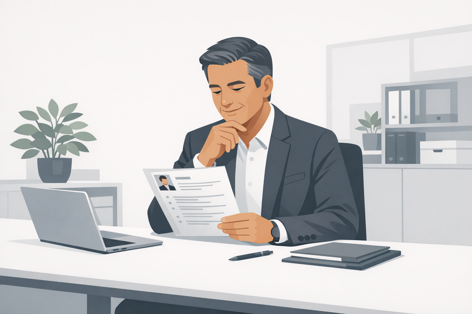 Personaler liest am Schreibtisch einen Lebenslauf und nickt dabei anerkennend