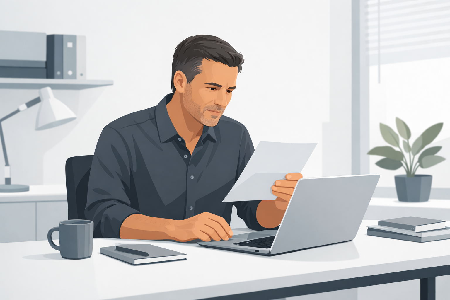 Mann mittleren Alters kontrolliert aufmerksam ein Dokument am Laptop in einem ruhigen Buero