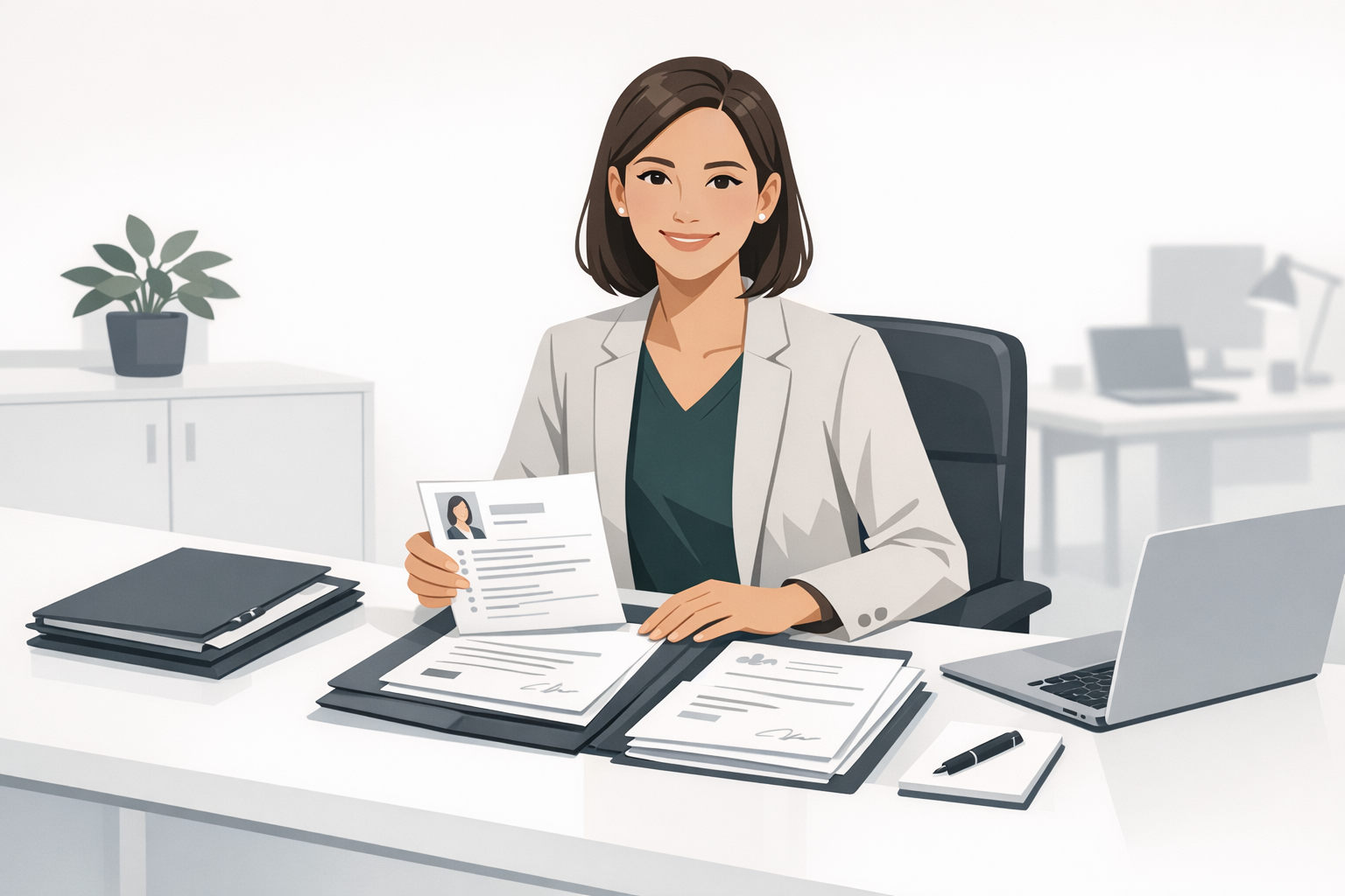 Bewerberin ordnet am Schreibtisch ihre kompletten Bewerbungsunterlagen und laechelt zuversichtlich