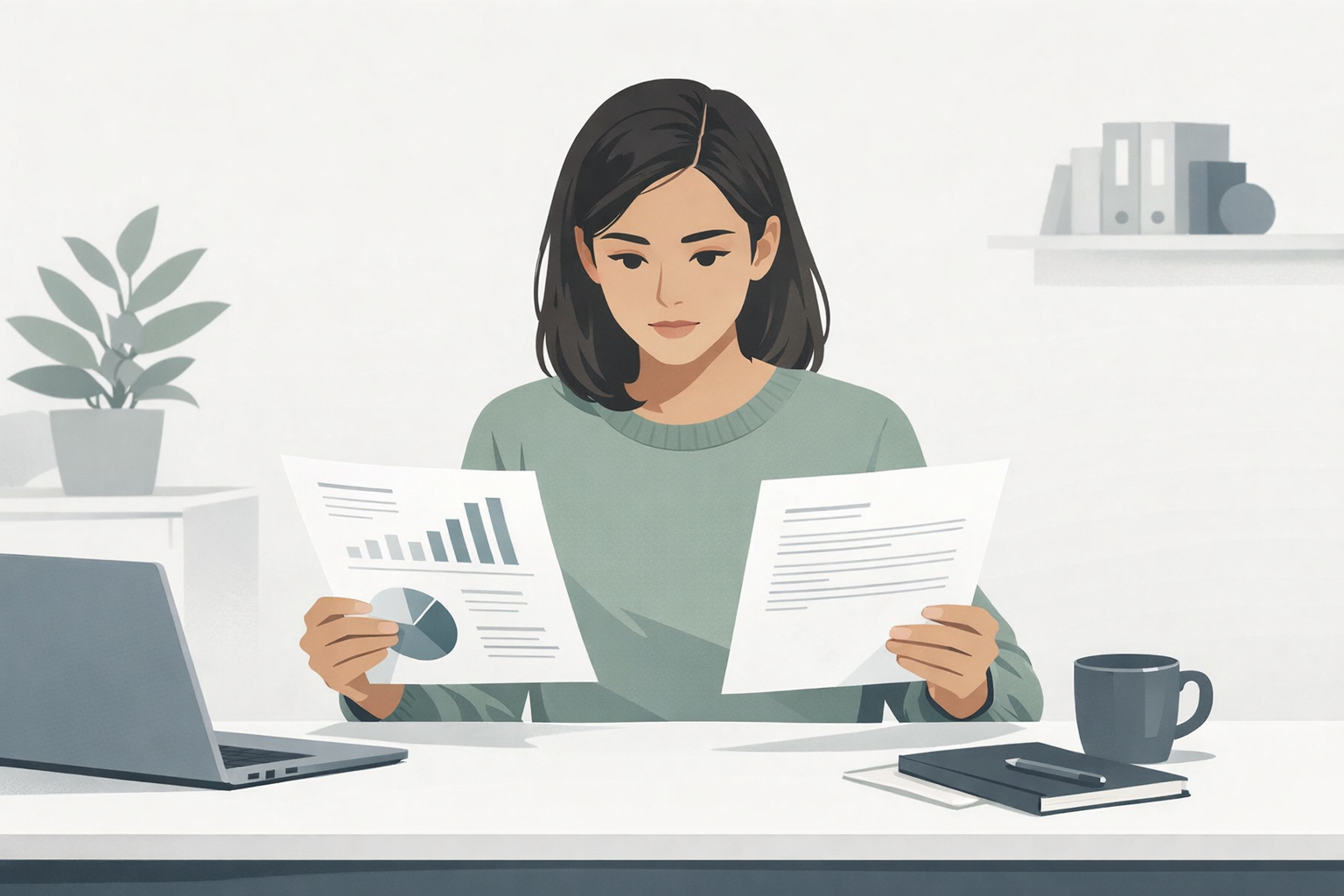 Junge Frau sitzt an einem Schreibtisch und liest konzentriert zwei unterschiedliche Dokumente nebeneinander