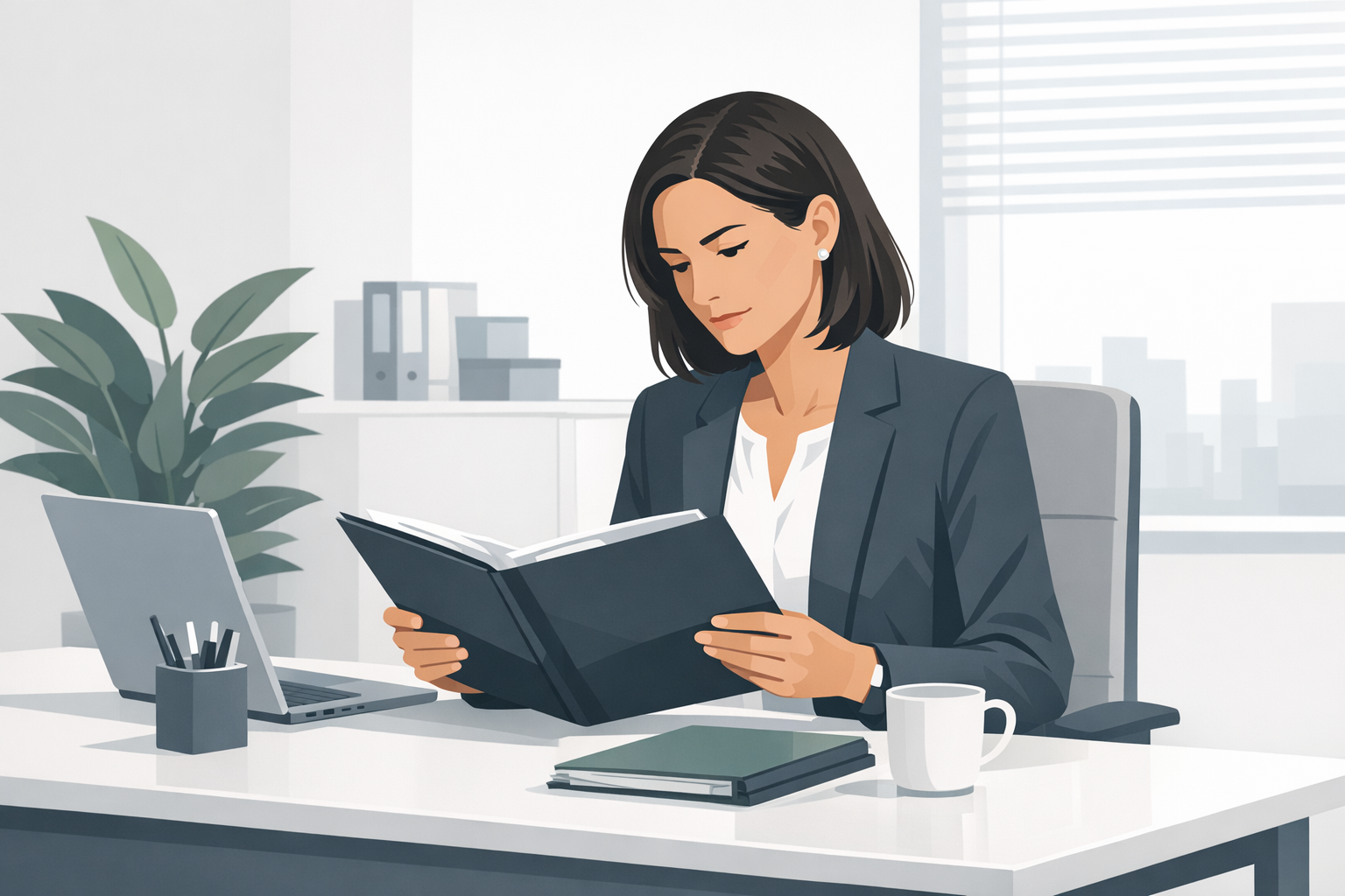 Personaler liest aufmerksam eine Bewerbungsmappe an ihrem Schreibtisch in einem modernen Buero