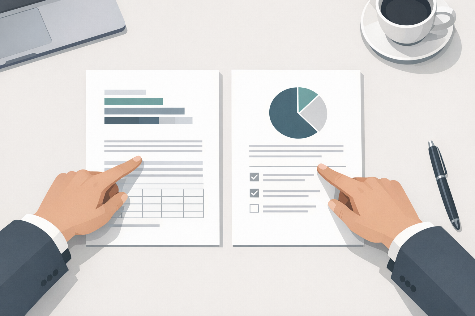Zwei Dokumente liegen nebeneinander auf einem Schreibtisch, eine Person deutet vergleichend auf beide Seiten