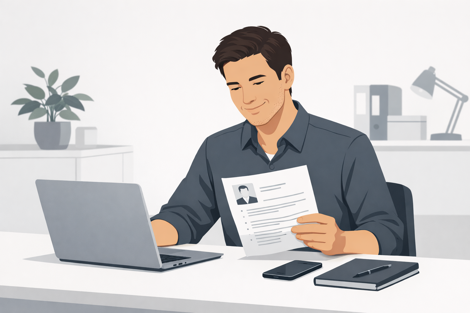 Junger Mann am Laptop laechelt zufrieden, waehrend er seine Bewerbungsunterlagen durchsieht