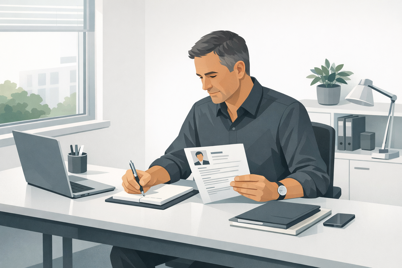 Personaler liest eine Bewerbung und macht sich handschriftlich Notizen an einem kleinen aufgeraeumten Schreibtisch in einem ruhigen Einzelbuero mit Tageslicht