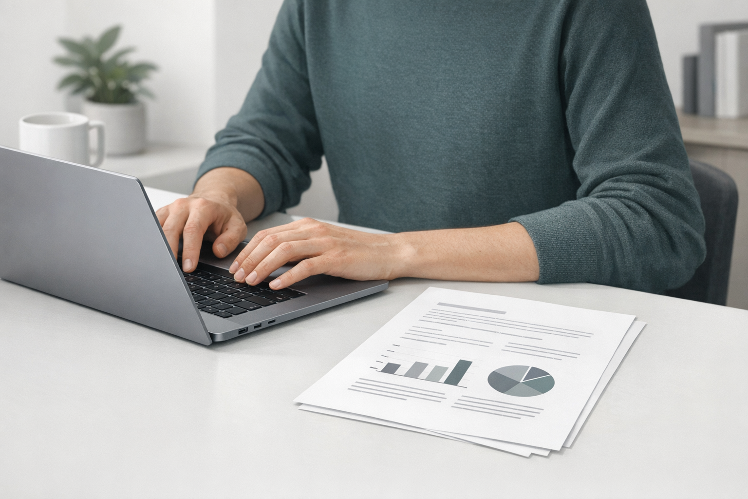 Person tippt am Laptop und hat neben sich ein ausgedrucktes PDF-Dokument liegen