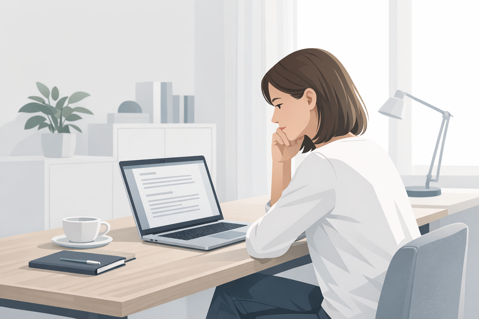 Junge Frau sitzt am Schreibtisch vor ihrem Laptop und liest konzentriert einen Text auf dem Bildschirm in hellem Arbeitszimmer