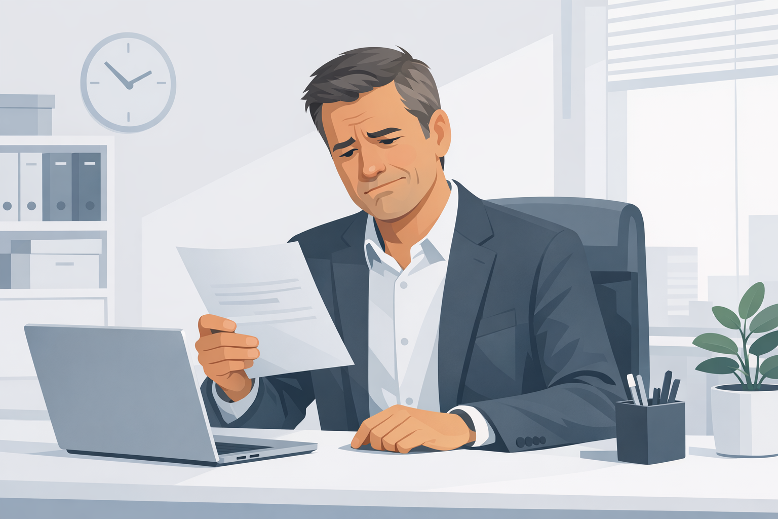 Personalverantwortlicher im Buero blickt skeptisch auf einen Ausdruck und schuettelt leicht den Kopf