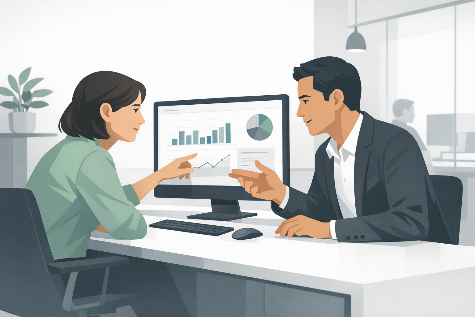 Team aus zwei Personen arbeitet gemeinsam an einem Computerbildschirm in einem modernen Buero und diskutiert Ergebnisse