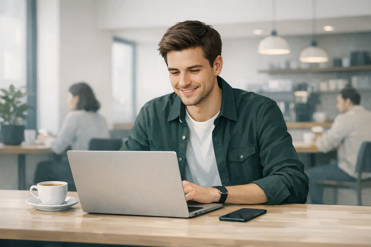 Junger Berufseinsteiger in legerem Outfit laechelt zufrieden auf seinen Laptop-Bildschirm in einem Cafe