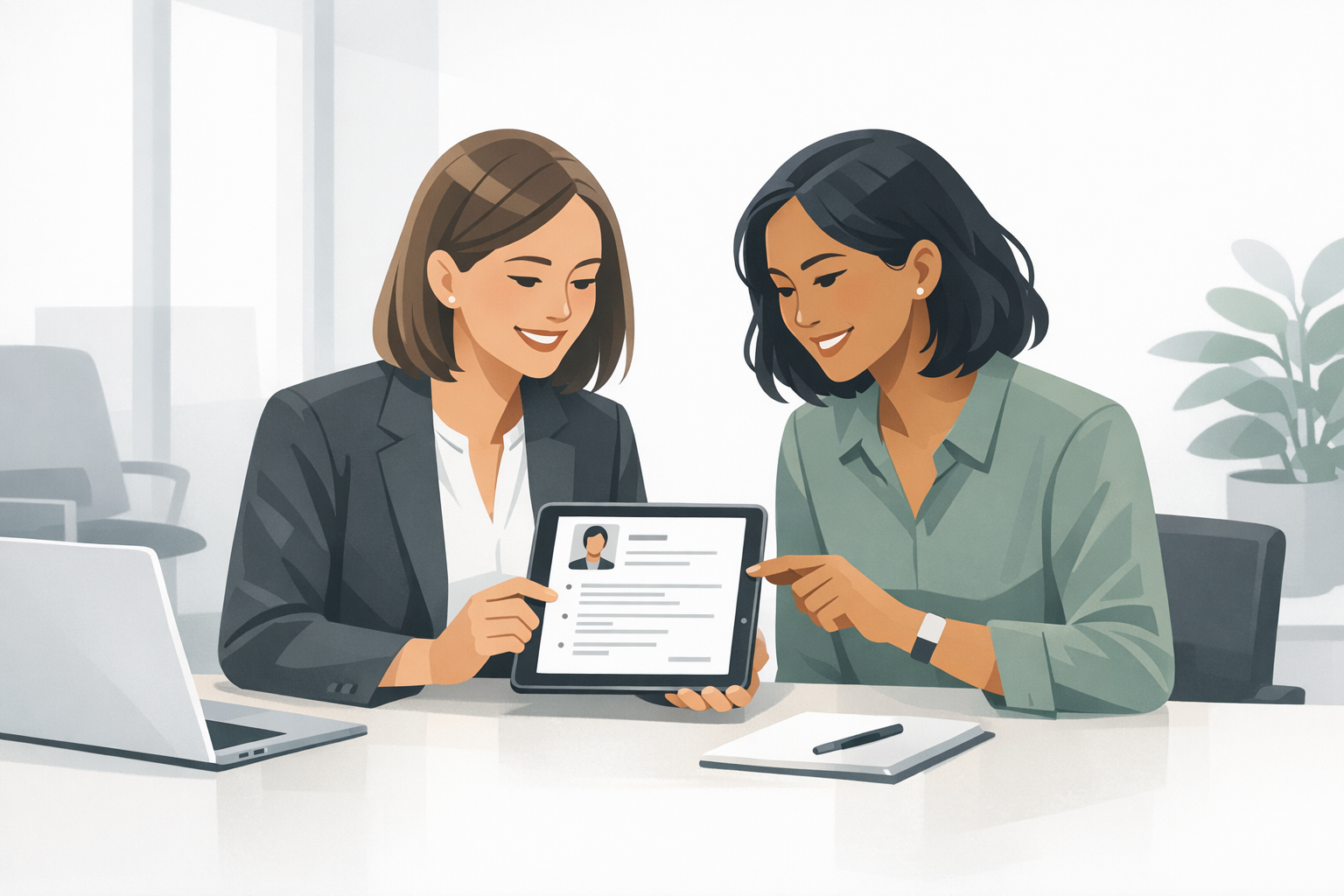 Zwei Kolleginnen betrachten gemeinsam einen Lebenslauf auf einem Tablet und nicken zustimmend in einem hellen Meetingraum