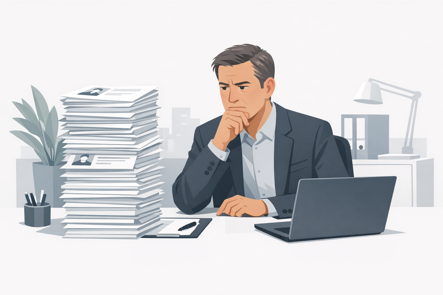 Personaler am Schreibtisch blickt skeptisch auf einen Stapel ausgedruckter Bewerbungen