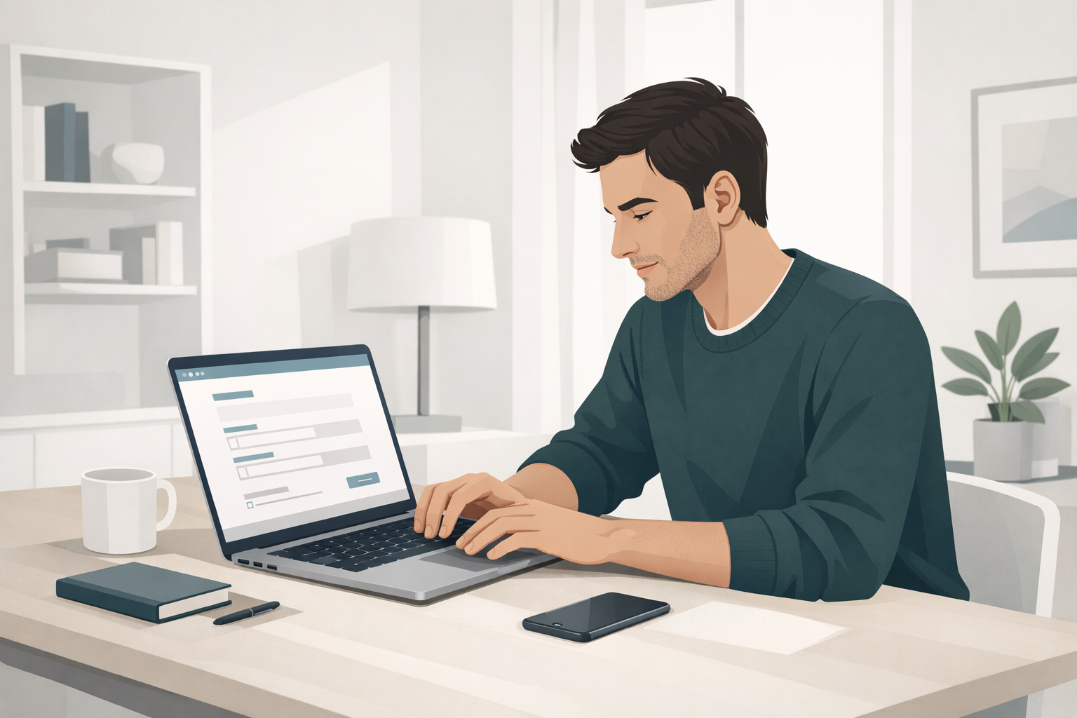 Junger Mann am Laptop füllt konzentriert ein Online-Formular aus, helles modernes Arbeitszimmer