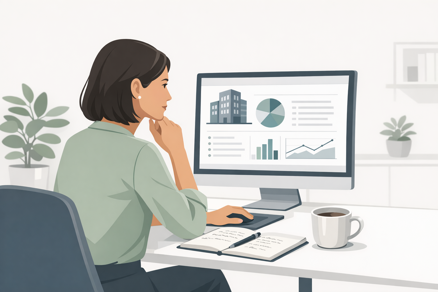 Frau recherchiert am Computer Unternehmensinformationen, neben ihr Notizen und eine Kaffeetasse