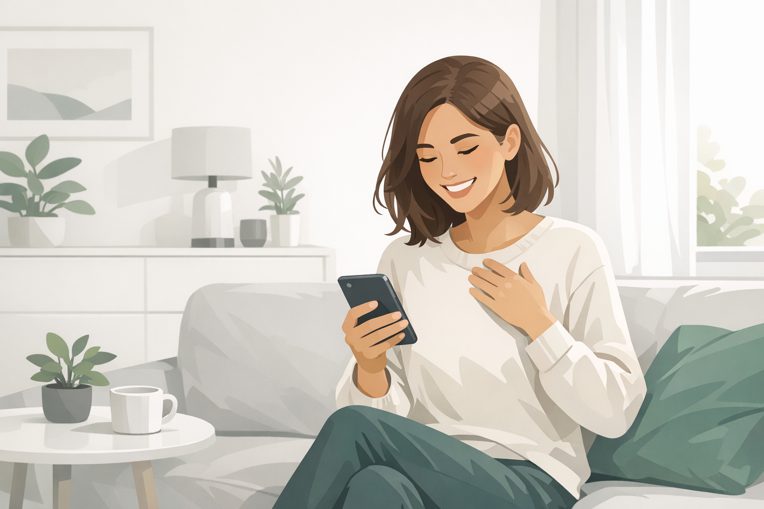 Lächelnde junge Frau erhält eine positive Nachricht auf ihrem Smartphone, heller freundlicher Raum