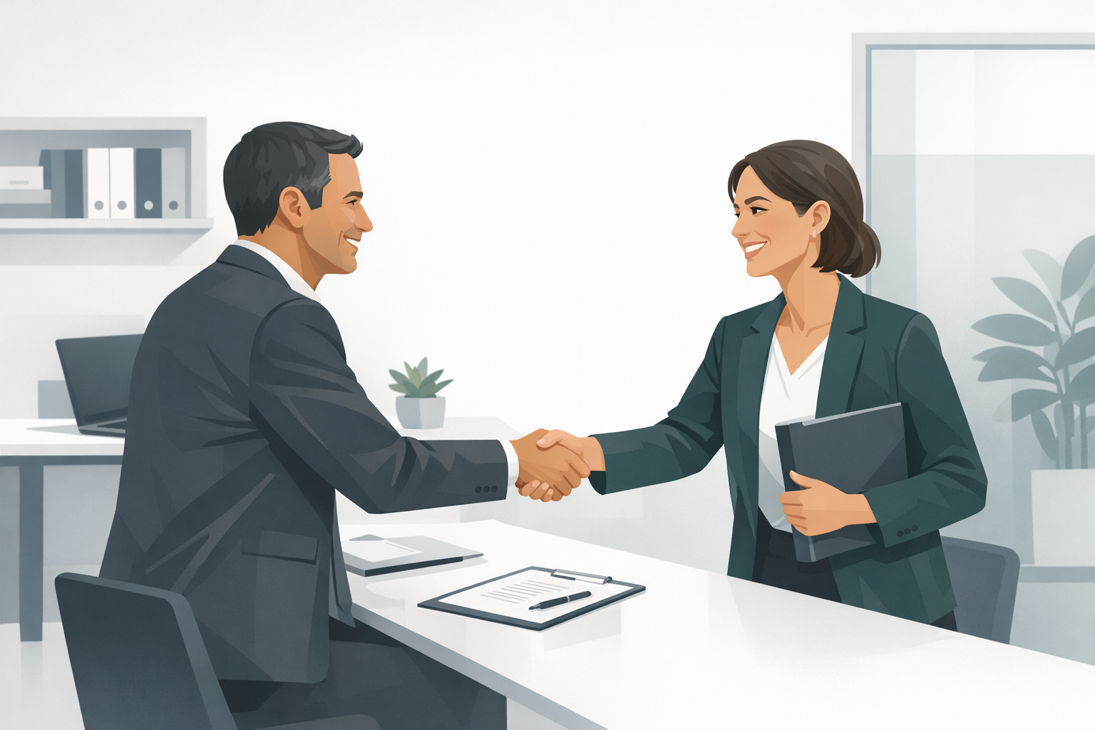 Personaler schuetteln sich laechelnd die Hand nach erfolgreichem Vorstellungsgespraech