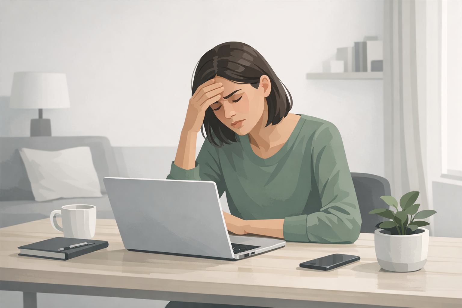 Junge Frau sitzt frustriert vor ihrem Laptop und fasst sich an die Stirn an ihrem Schreibtisch in einer ruhigen Wohnung