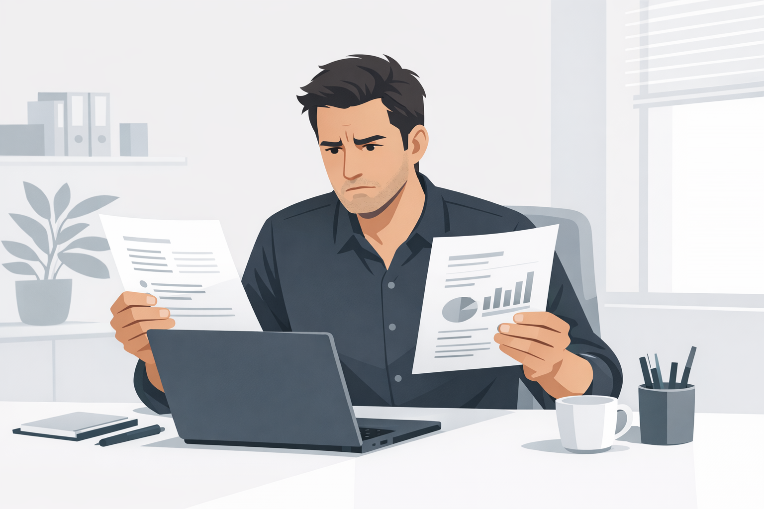 Mann schaut verwirrt auf seinen Bildschirm und vergleicht zwei ausgedruckte Dokumente am Schreibtisch