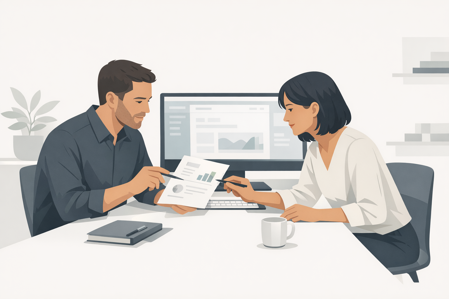 Zwei Kollegen besprechen konzentriert Unterlagen an einem modernen Arbeitsplatz mit grossem Monitor