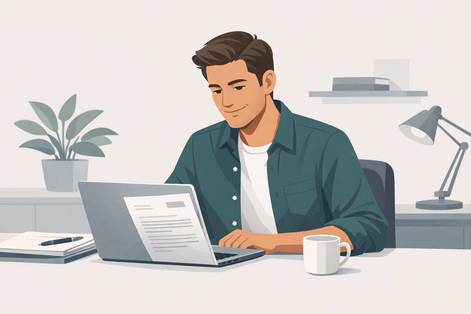 Junger Mann laechelt zufrieden, waehrend er an seinem Schreibtisch eine Bewerbung am Laptop durchliest