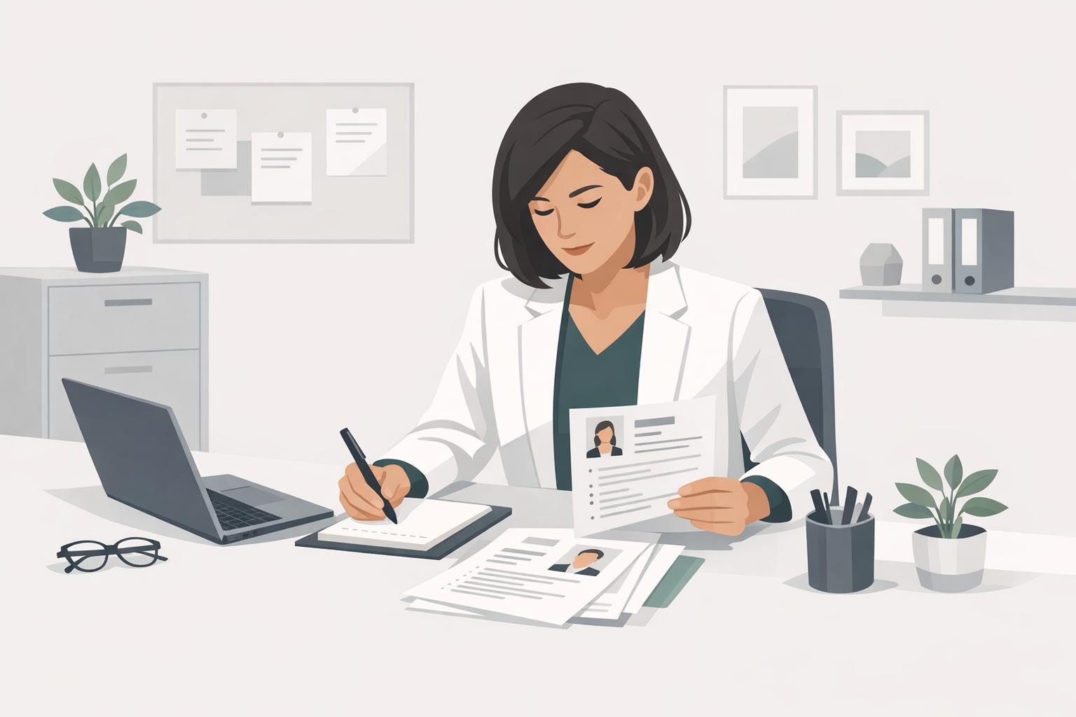 Personaler sichtet Bewerbungsunterlagen an ihrem Schreibtisch und macht sich Notizen