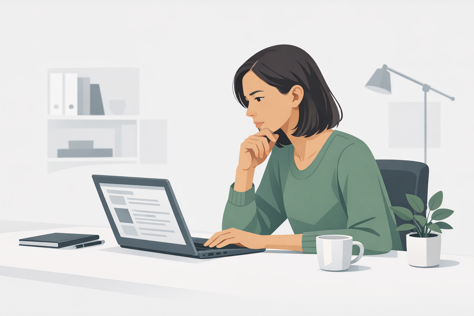 Junge Frau sitzt am Schreibtisch und liest konzentriert Informationen auf ihrem Laptopbildschirm