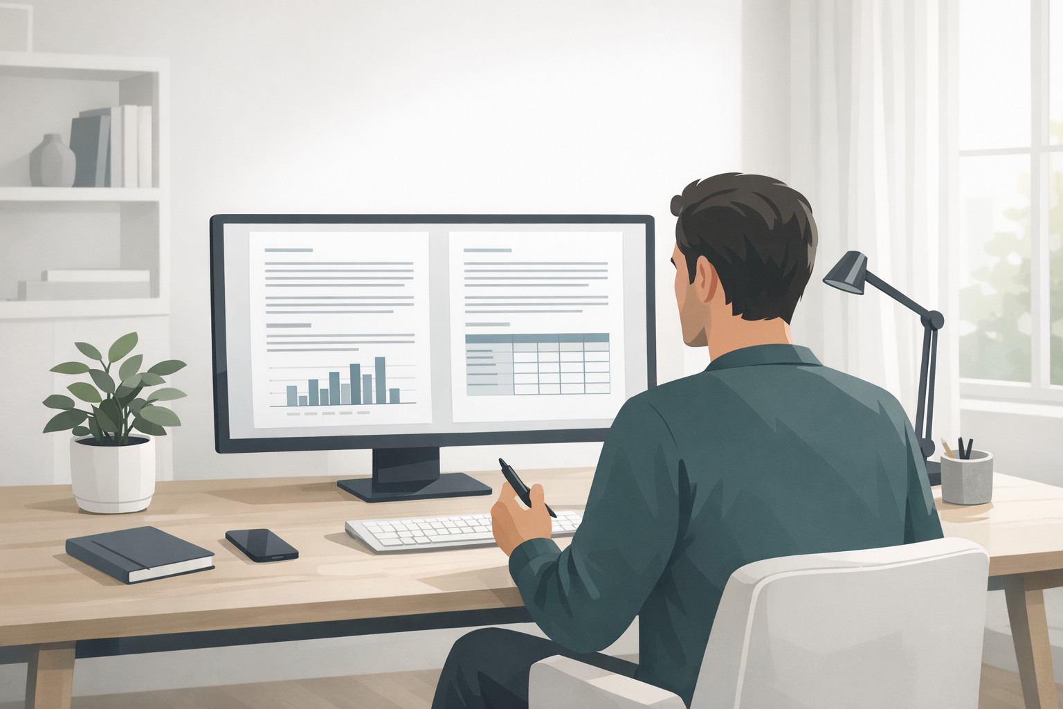 Mann vergleicht zwei Dokumente nebeneinander auf seinem Bildschirm, ruhiger Schreibtisch in heller Wohnung mit Tageslicht