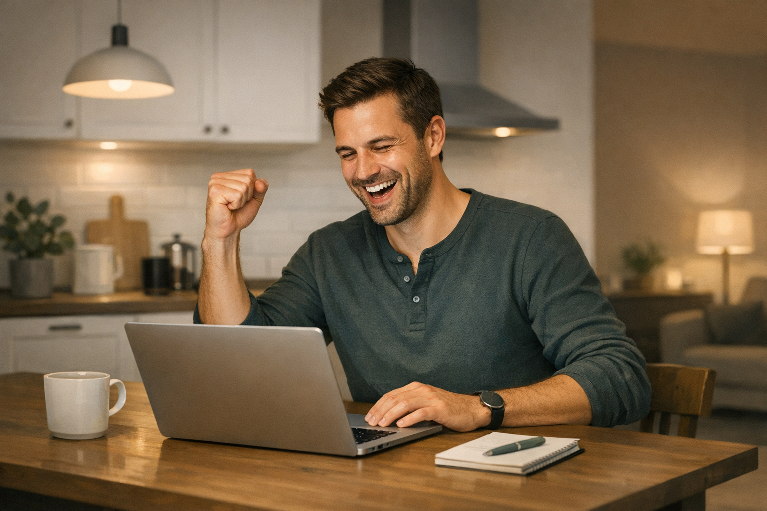 Lachender Mann am Laptop feiert sichtbar einen Erfolg mit geballter Faust in einer gemuetlichen Wohnkueche am Abend