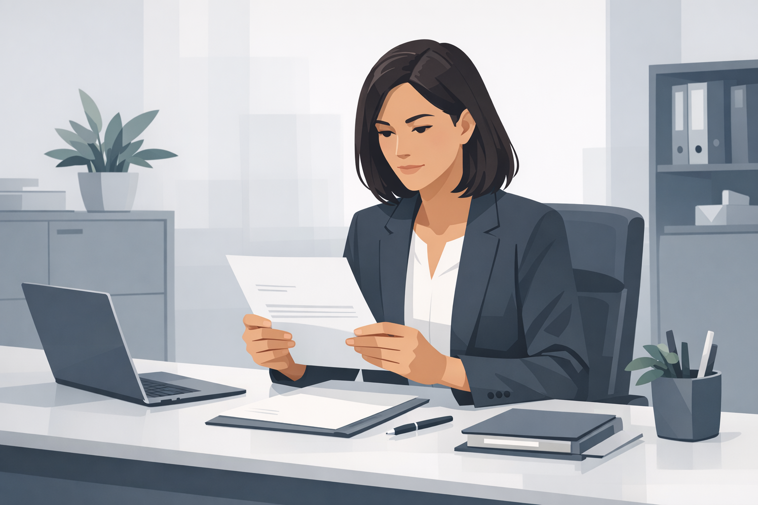 Personaler liest aufmerksam ein Anschreiben an ihrem Schreibtisch in einem modernen Buero