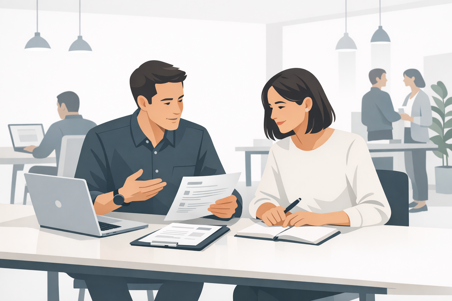 Mann und Frau besprechen gemeinsam Bewerbungsunterlagen an einem Tisch in einem Coworking-Space