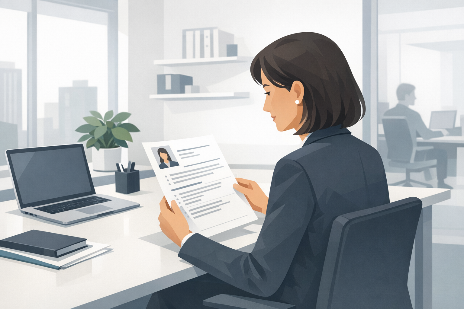 Personaler liest aufmerksam einen Lebenslauf an ihrem Schreibtisch in einem modernen Buero