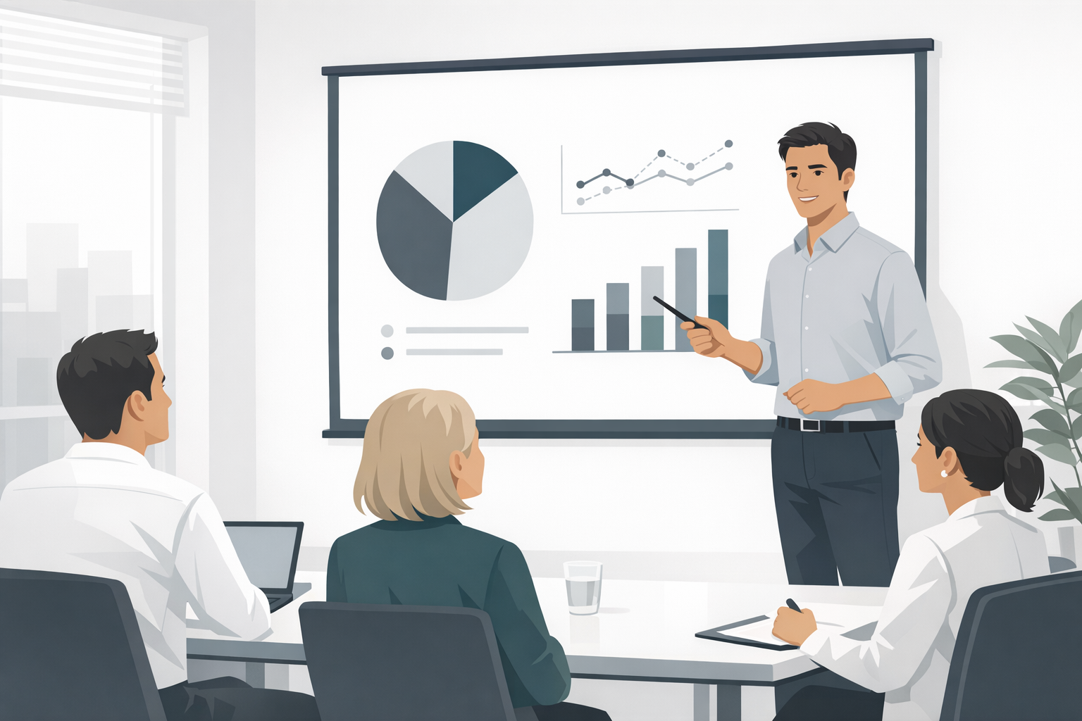 Junger Projektmanager praesentiert eine Folie vor Kollegen in einem hellen Konferenzraum