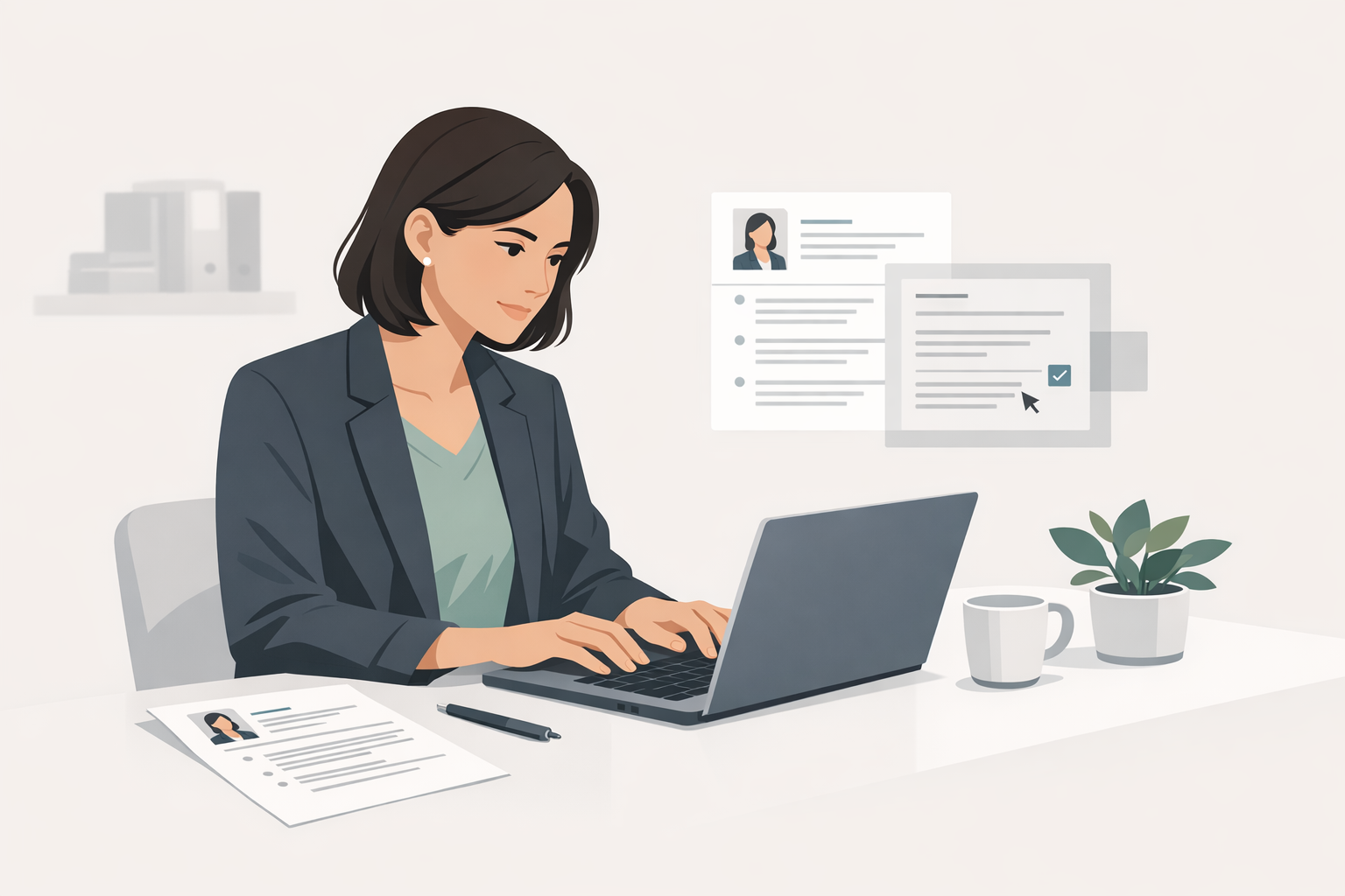 Bewerberin tippt konzentriert an einem Laptop waehrend sie einen Lebenslauf ueberarbeitet