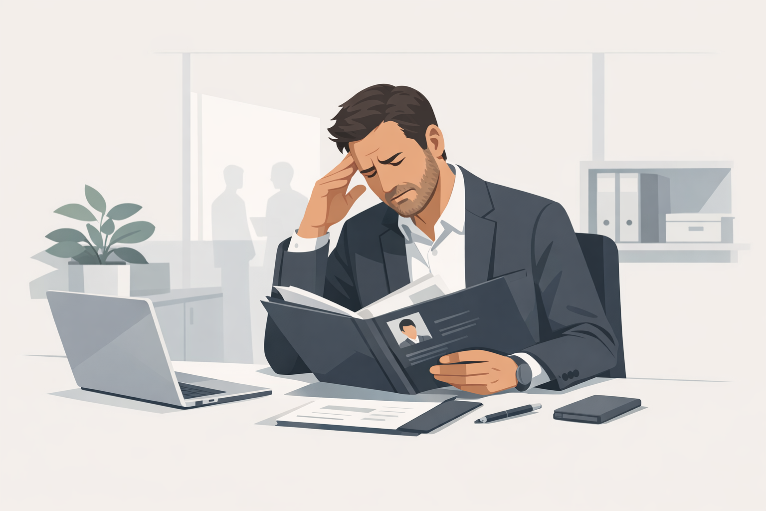 Recruiter schuettelt den Kopf waehrend er eine Bewerbungsmappe auf seinem Schreibtisch durchblaettert