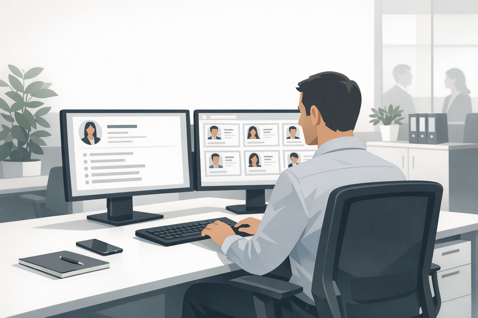 Personaler am Schreibtisch vor zwei Bildschirmen sichtet digitale Bewerbungen in einem modernen Buero