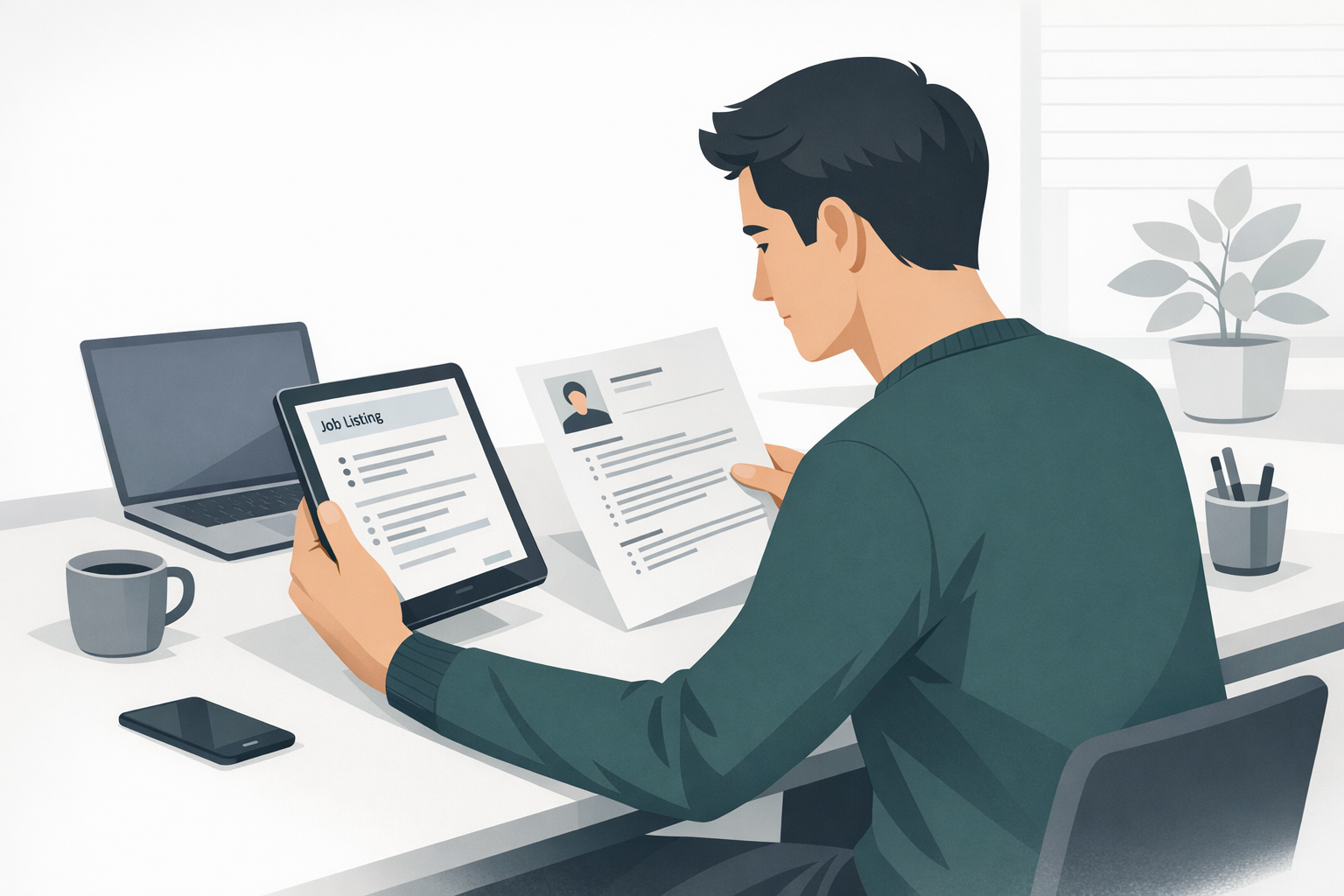 Junger Mann vergleicht eine Stellenanzeige auf dem Tablet mit seinem Lebenslauf auf Papier am Schreibtisch