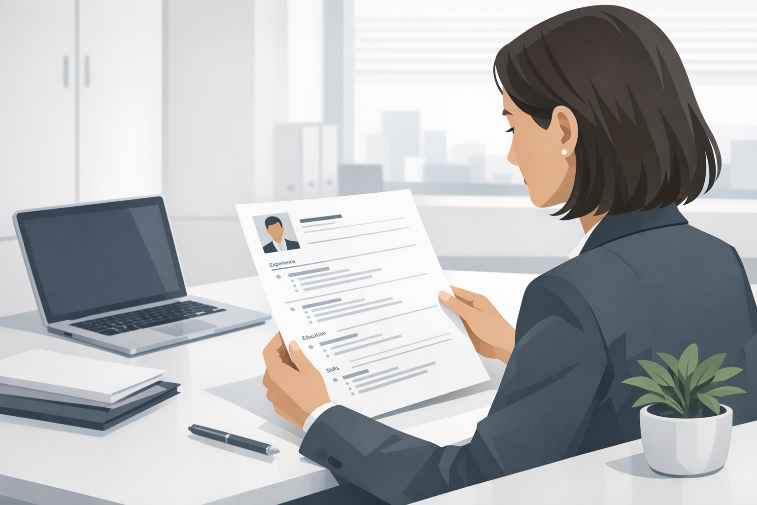 Recruiter prueft einen klar strukturierten Lebenslauf auf Papier in einem hellen Buero