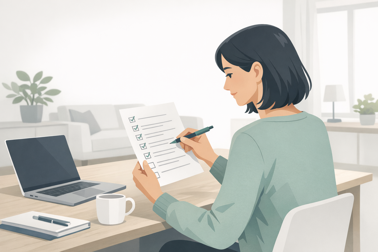 Frau haelt eine gedruckte Checkliste in der Hand und hakt Punkte ab, sitzt an ihrem Schreibtisch in heller Wohnung mit Tageslicht