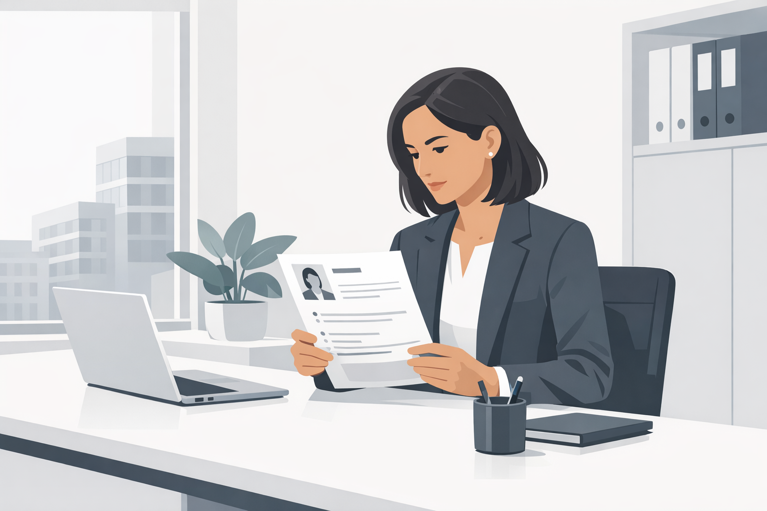 Recruiter scannt konzentriert einen Lebenslauf am Schreibtisch in einem modernen Buero