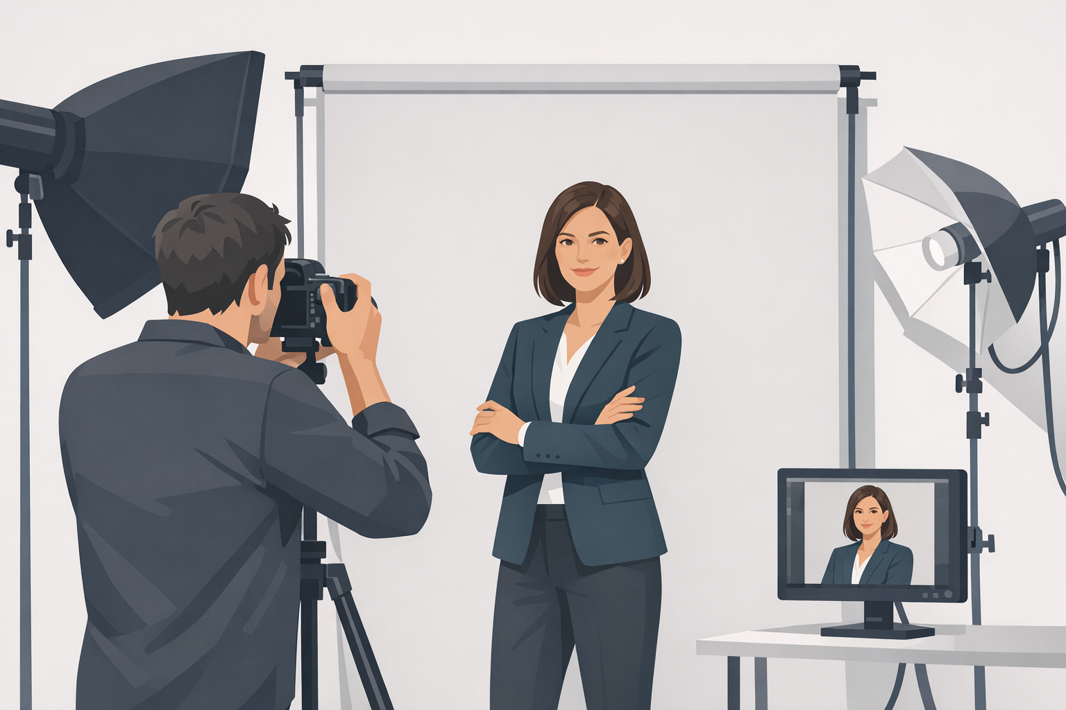 Professionelles Bewerbungsfoto-Shooting mit Fotograf und Person im Business-Outfit vor neutralem Hintergrund