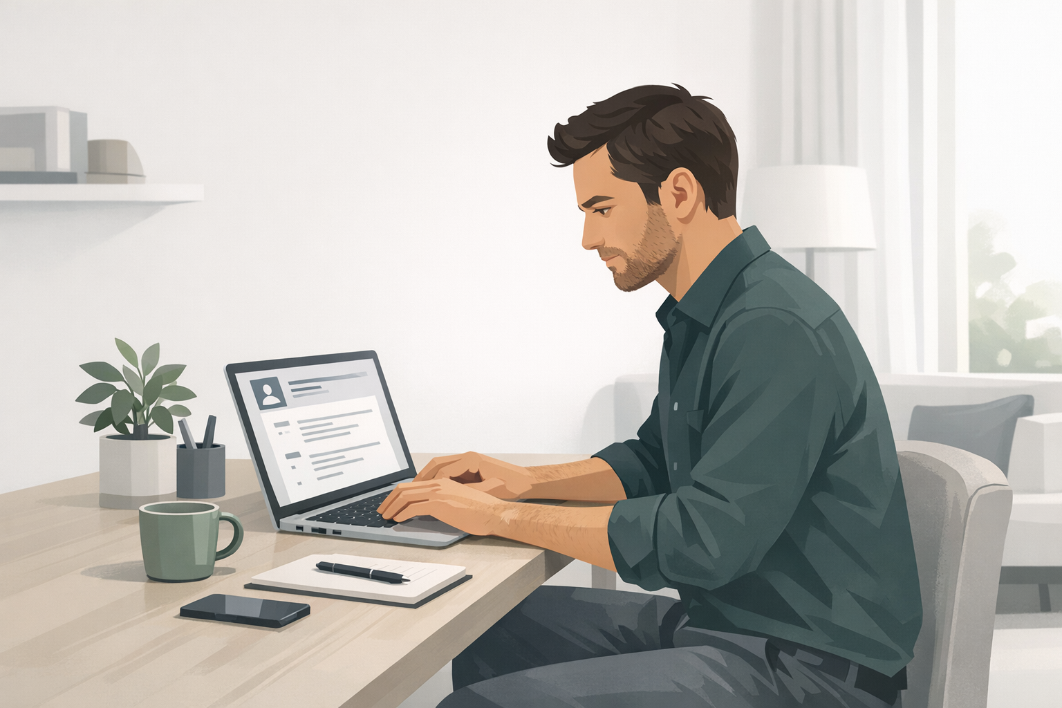 Bewerber sitzt konzentriert am Laptop und formuliert seinen Lebenslauf an einem aufgeraeumten Schreibtisch in seiner Wohnung