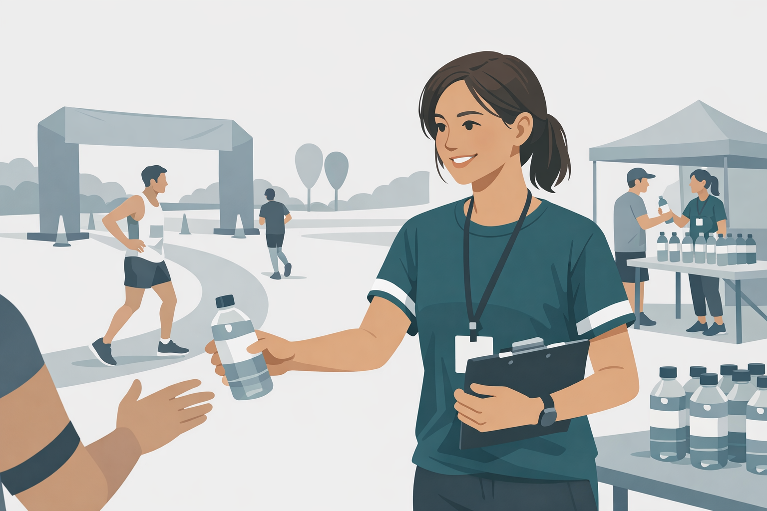 Junge Frau engagiert sich ehrenamtlich bei einer Sportveranstaltung und traegt ein Teamshirt