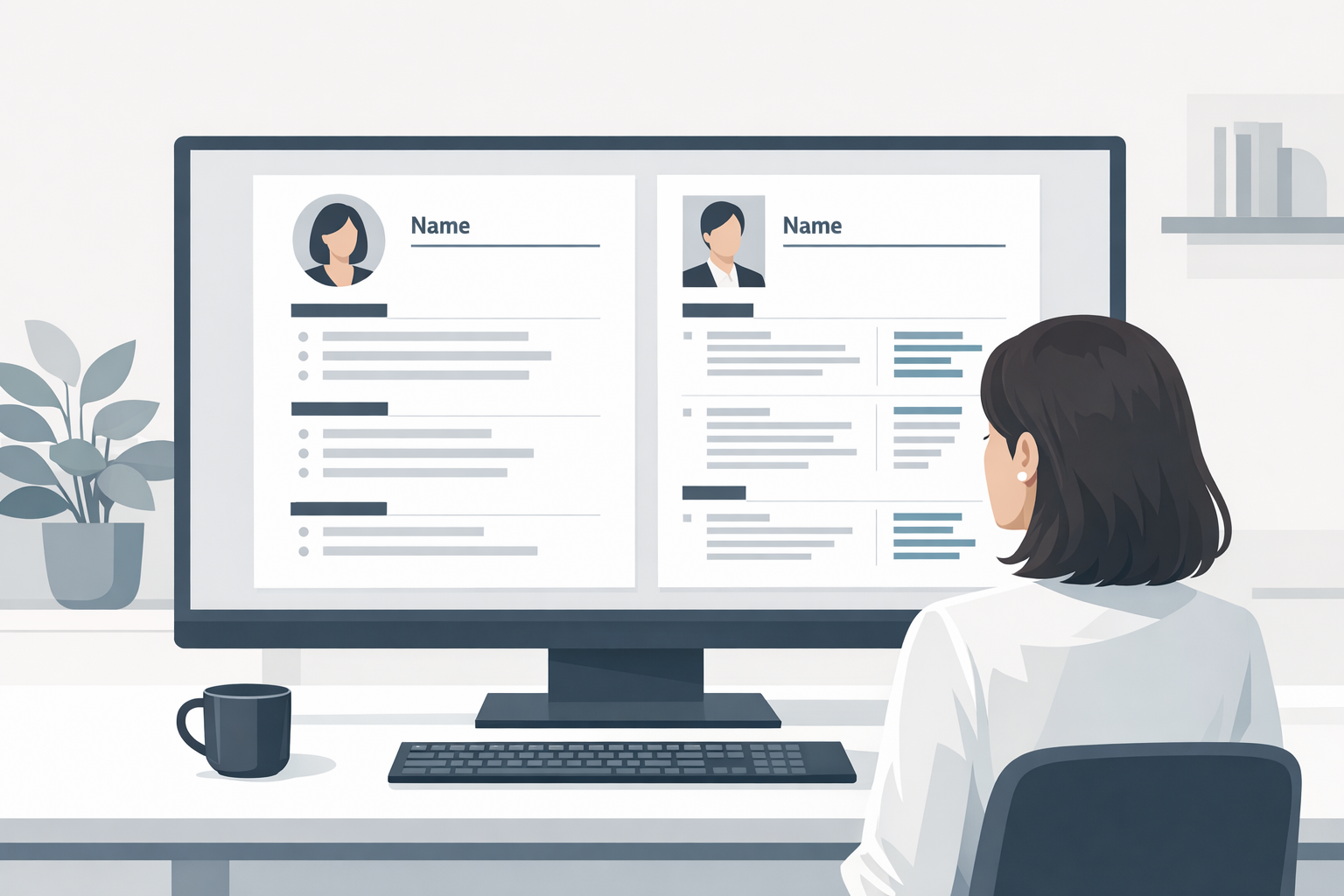 Frau vergleicht zwei verschiedene Lebenslauf-Designs nebeneinander auf einem grossen Monitor