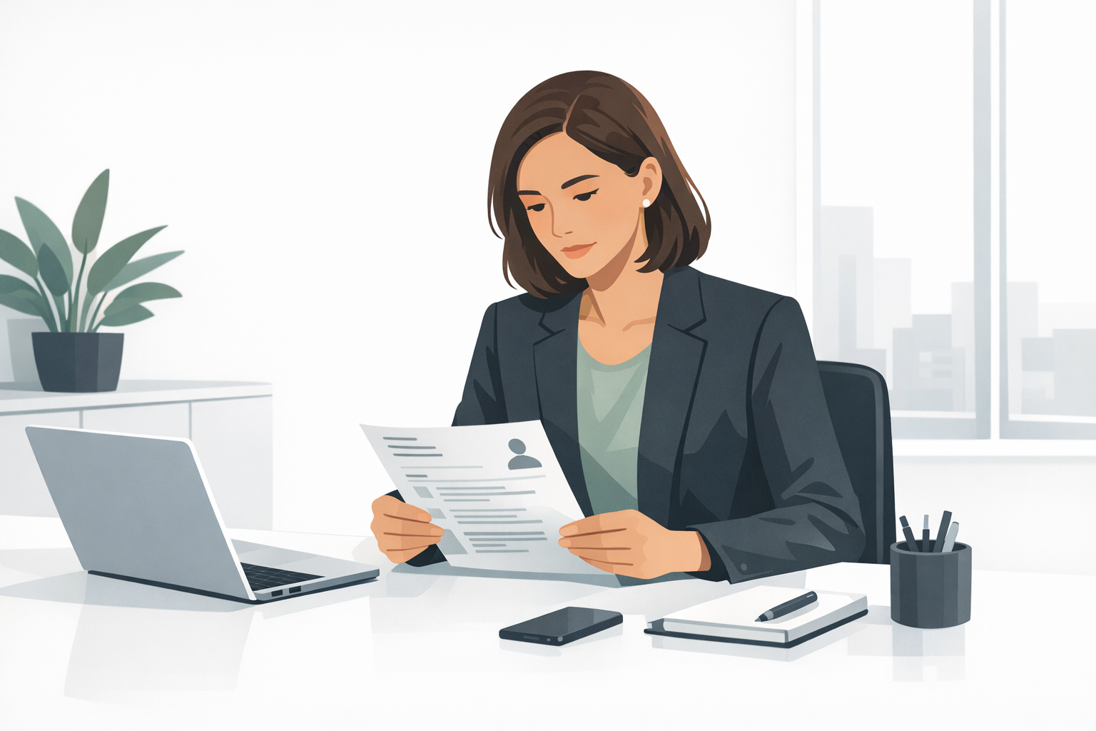 Junge Frau im Blazer liest konzentriert ihren Lebenslauf an einem modernen Schreibtisch